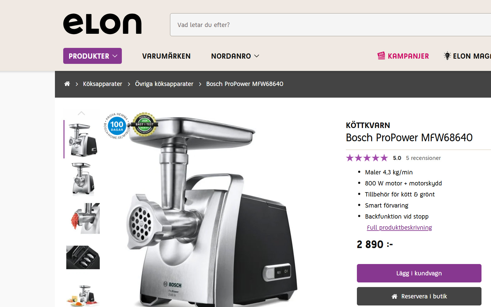 Elon.se produktsida med Testat.nu Bäst i Test-märke för Bosch köttkvarn